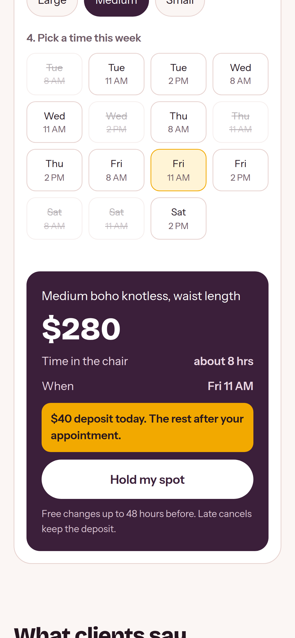 Braiding studio demo: a booking builder showing a $280 boho knotless booking with a $40 deposit