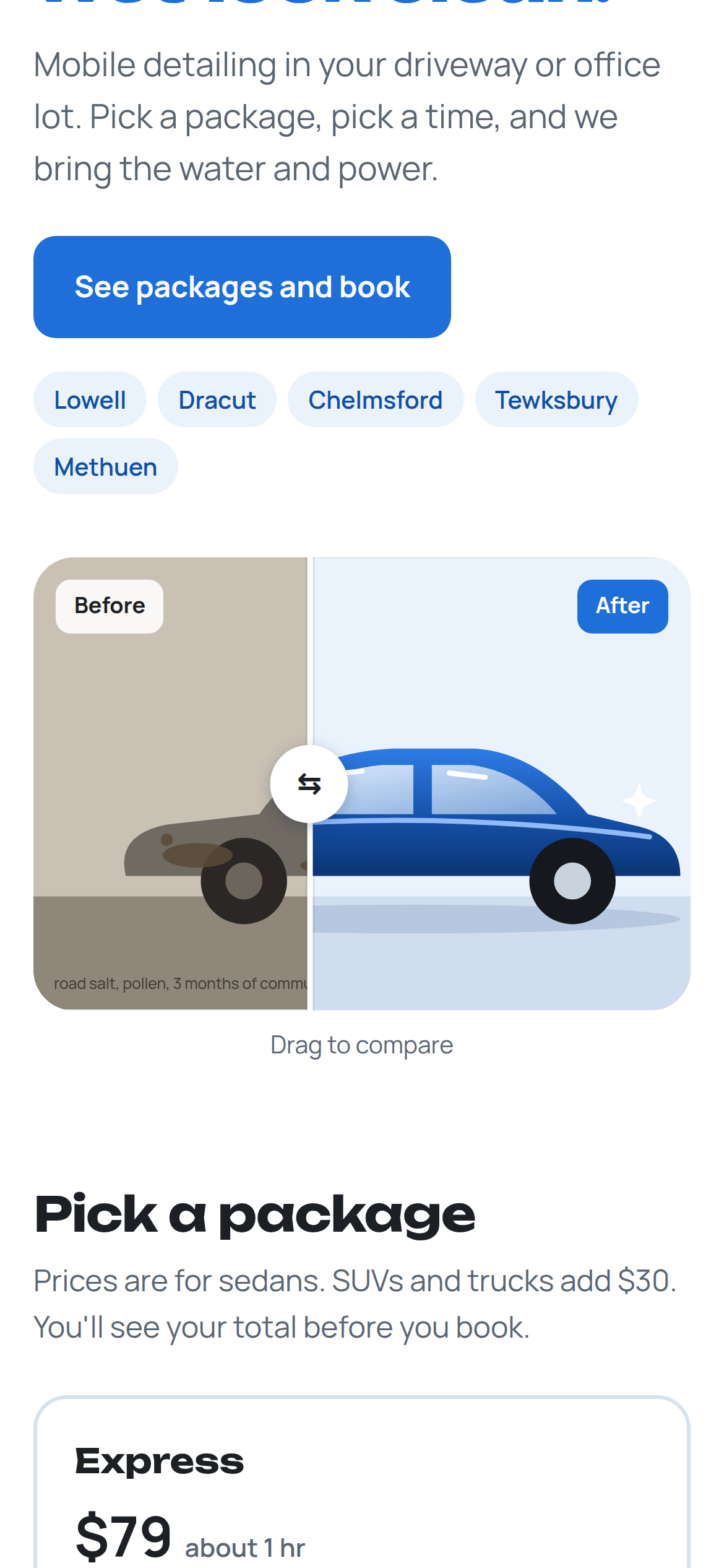 Mobile detailing demo: a before and after slider of a car