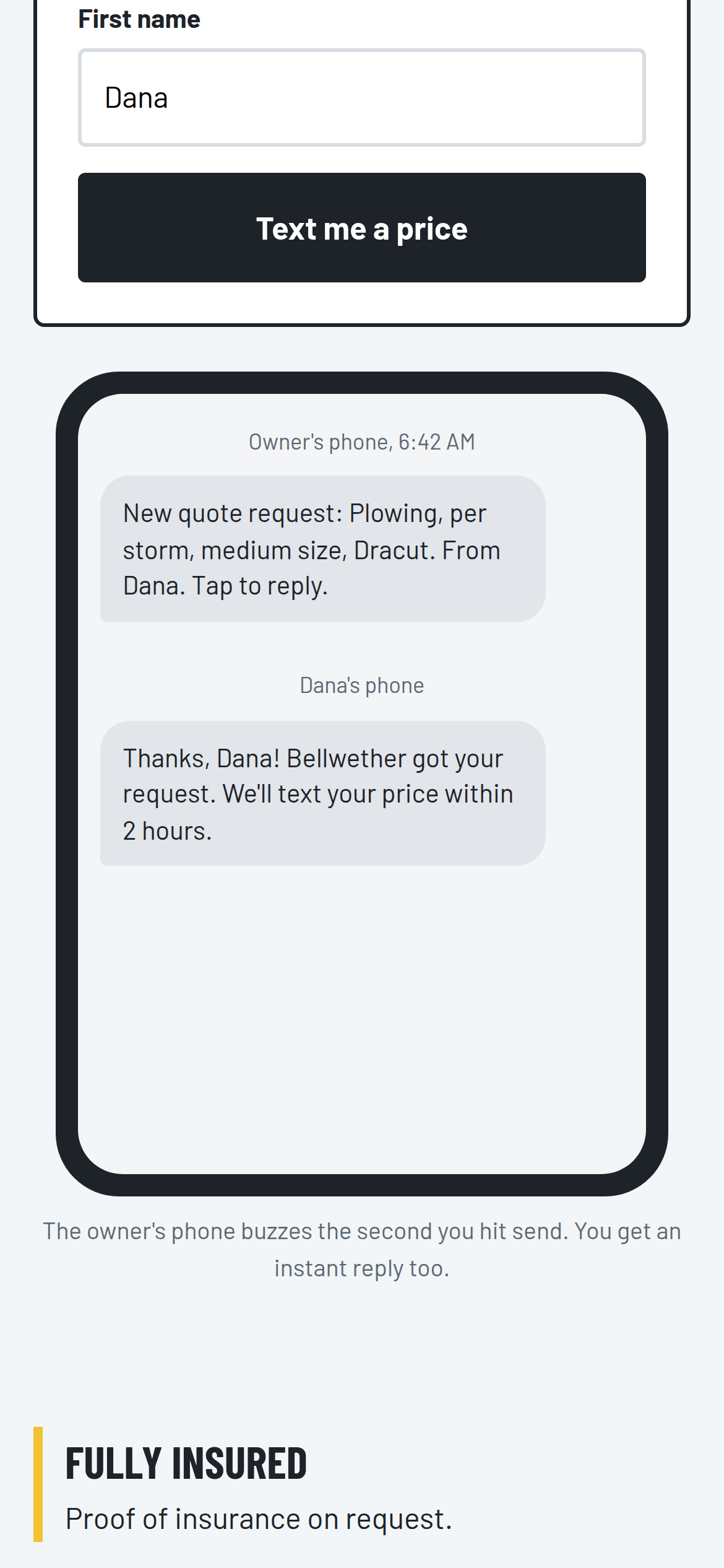 Plow and lawn demo: a quote request arriving as a text on the owner's phone
